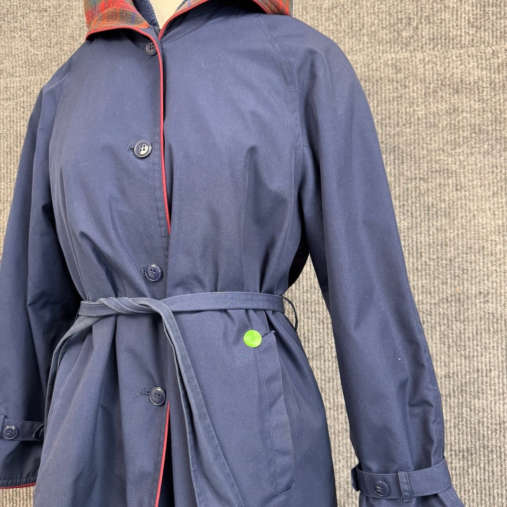 Vtg 80s Partners Mervyns Trench Coat Womens S Petite Plaid Zip Out Liner Hood - Picture 9 of 16